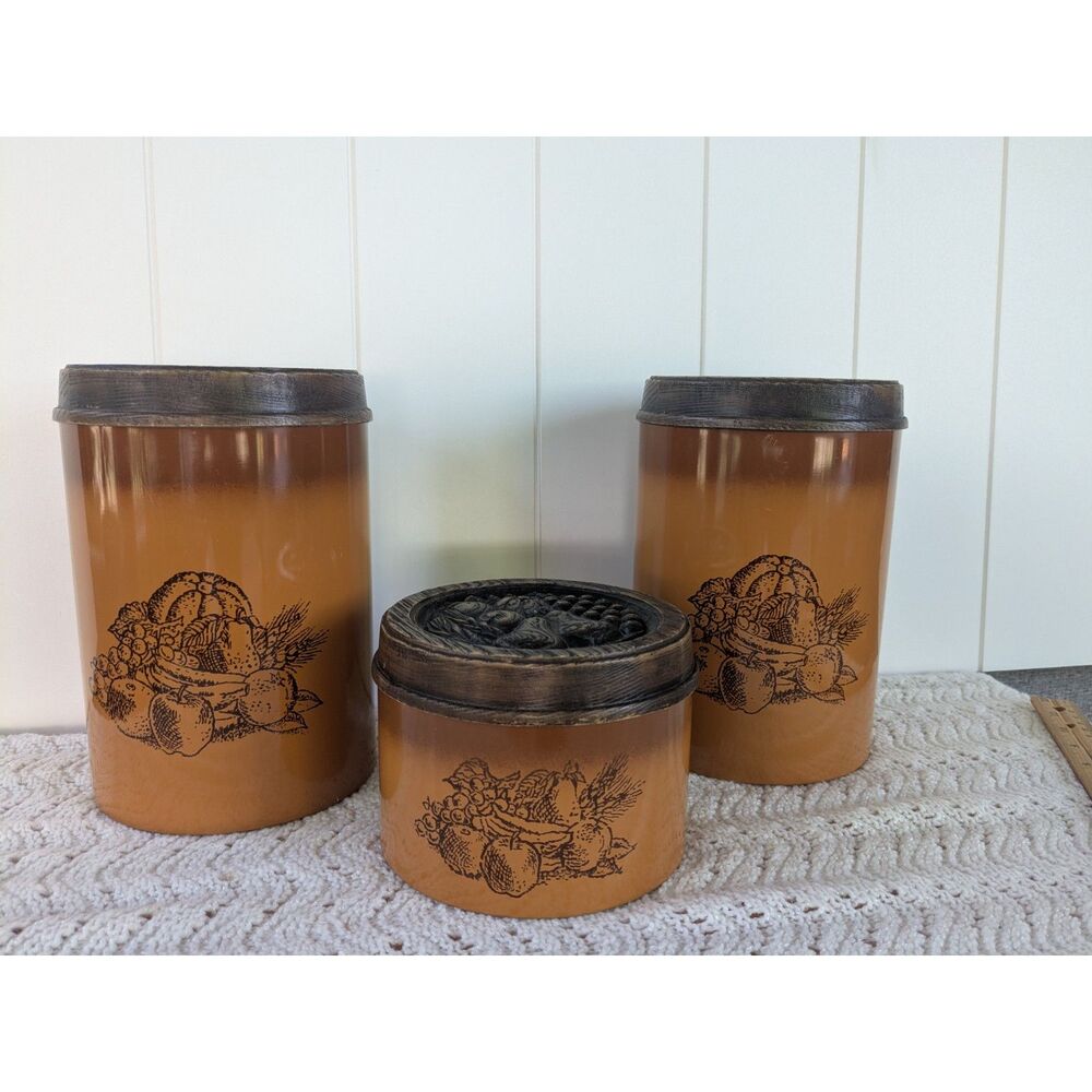 3pcs Vintage Cheinco Canister Set - Brown with fruit and veggie design